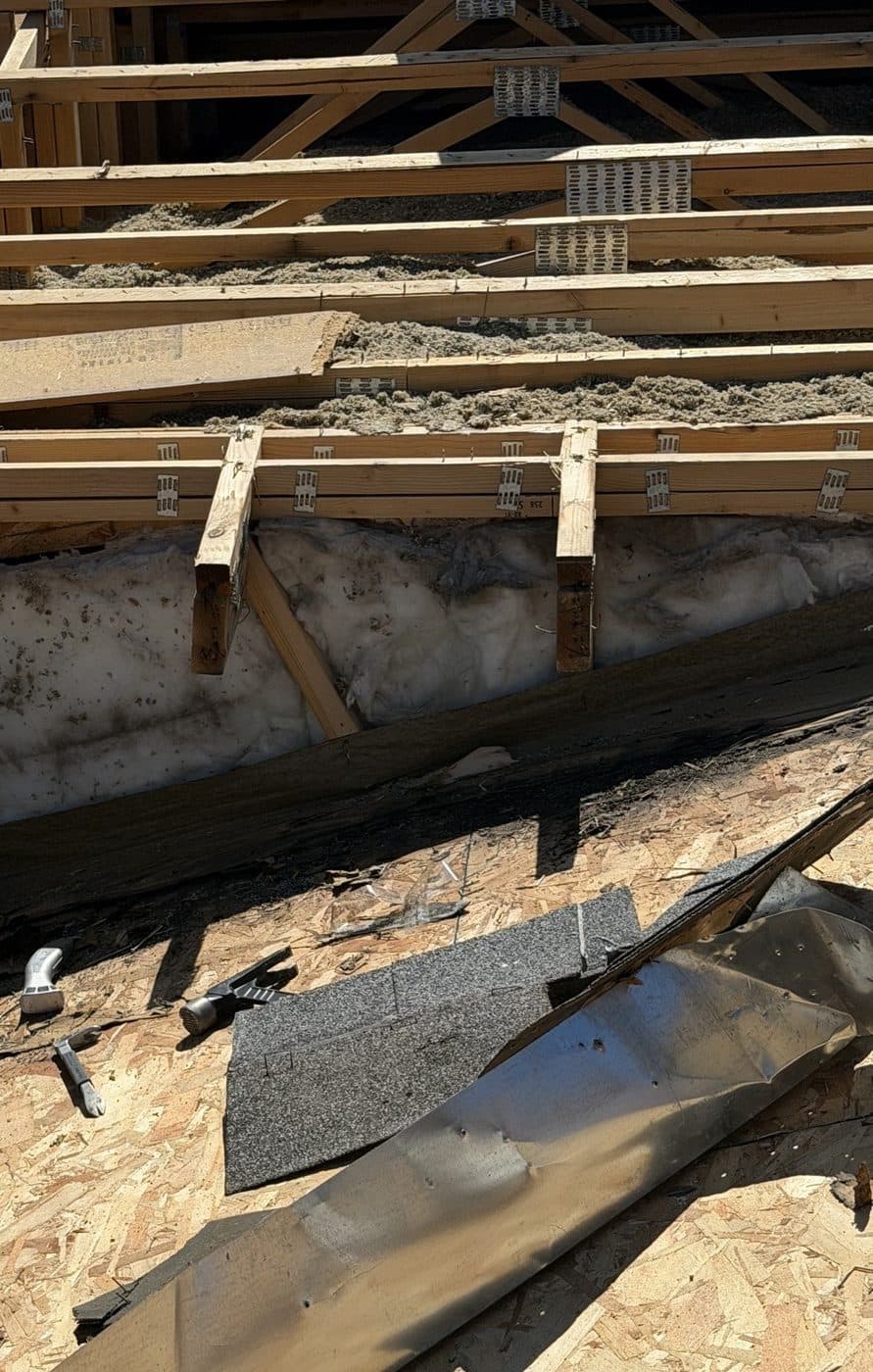 Tear-off: open rafters, insulation, and deck